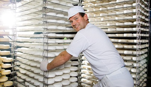 Ein Mitarbeiter von Wilder Käse neben einem Regal voller Käse