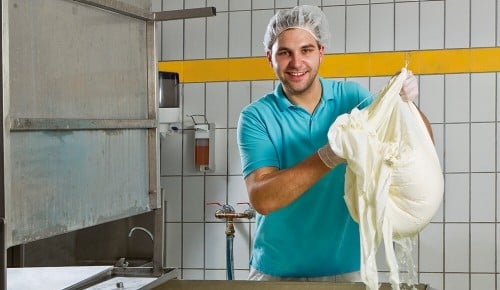 Ein Mitarbeiter der Wilhelmsburger Hoflieferanten beim Käse machen