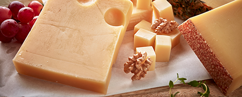 Zwei Stücke Hartkäse neben Walnüssen auf einem Teller