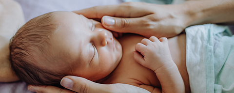 Ein neugeborenes Baby wird von den Händen der Mutter sanft gehalten