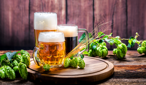 Drei verschiedene Biergläser auf einem Holzbrett mit frischen Hopfenknollen