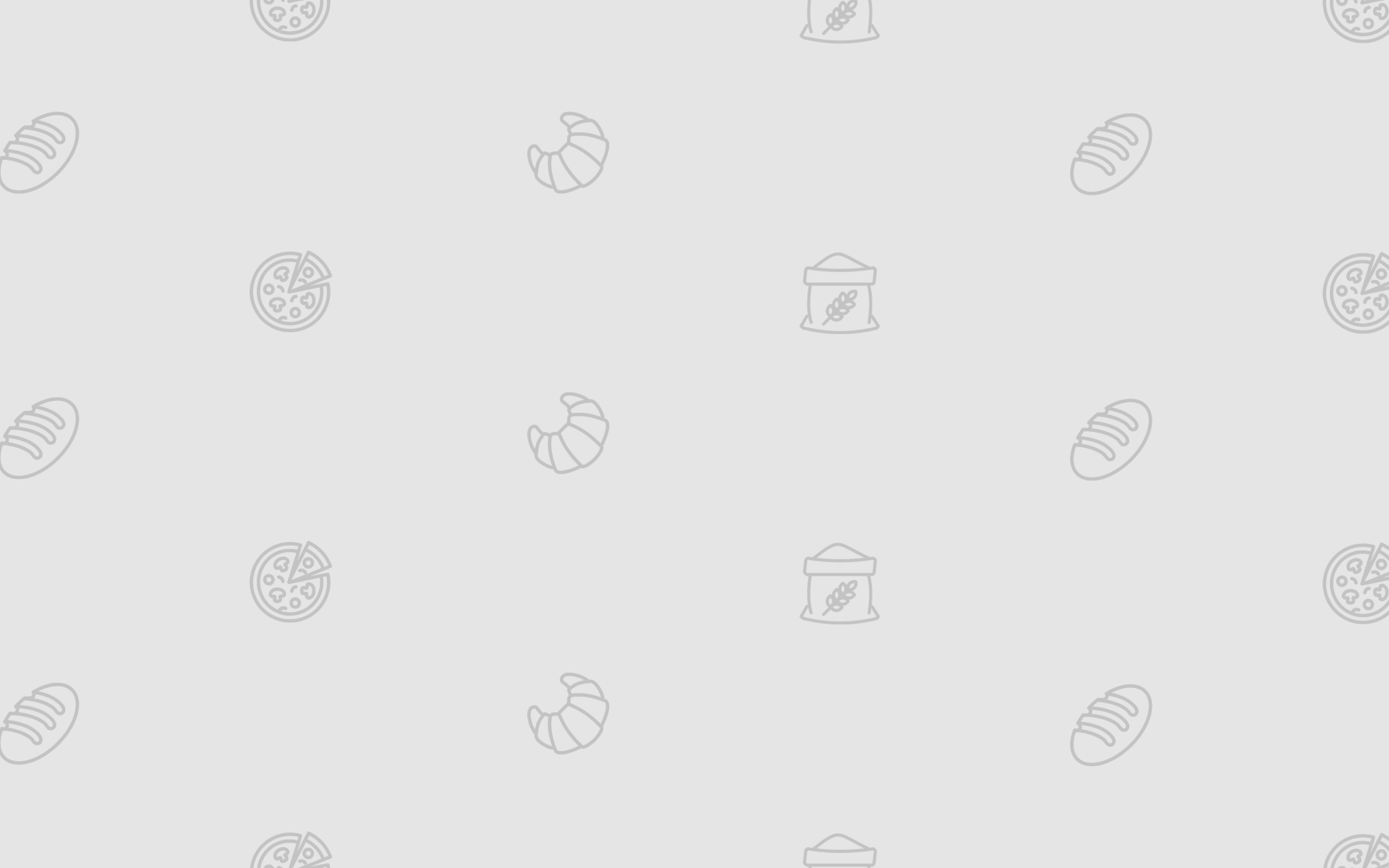 Viele kleine Brot-, Pizza-, Croissant- und Mehlsack-Icons auf einem grauen Hintergrund