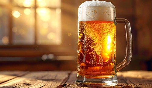 Ein voll gefüllter Biermasskrug auf einem Holztisch