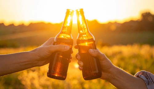 Zwei Personen stoßen mit zwei Bierflaschen gemeinsam an
