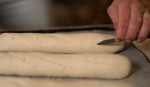 Frische Baguette-Teige auf einem Backblech werden eingeschnittem