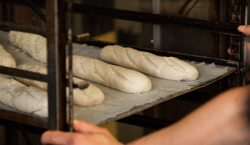 Mehrere Baguettes beim Backen auf einem Blech in einem Ofen