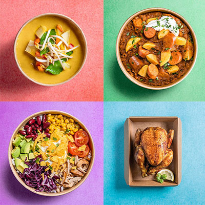Verschiedene Gerichte aus der INTERSPAR Market Kitchen in 4 Kacheln