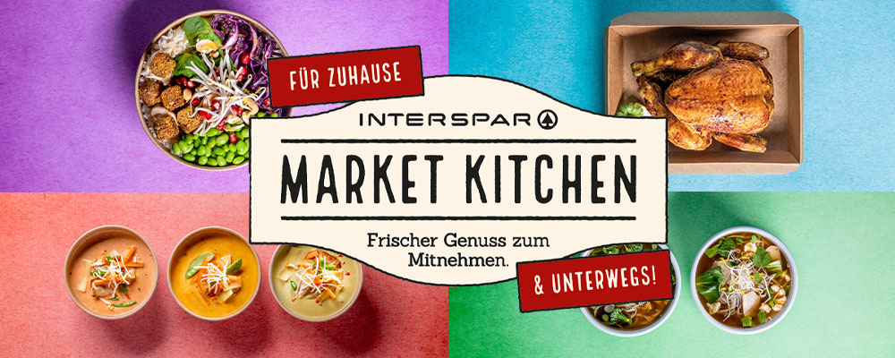 Sujet zur INTERSPAR Market Kitchen mit dem Logo, vier verschiedenfarbigen Kacheln und vier verschiedenen Gerichten