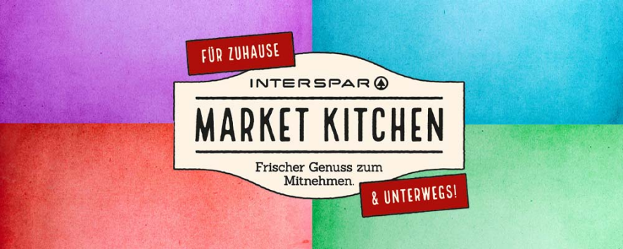 Sujet zur INTERSPAR Market Kitchen mit dem Logo und vier verschiedenfarbigen Kacheln