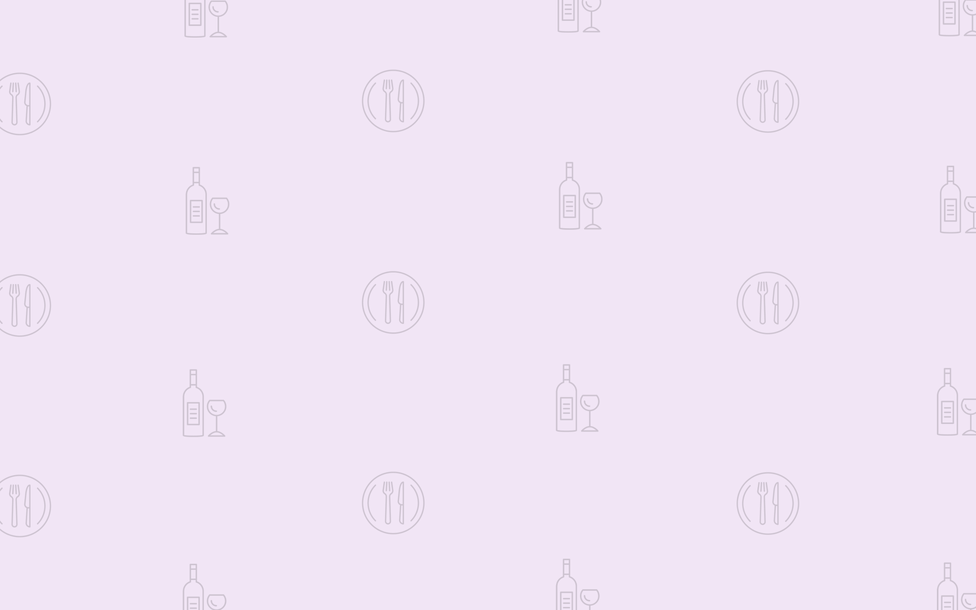 Viele kleine Teller-, Besteck-, Weinflaschen- und Weinglas-Icons auf einem hell-lila Hintergrund