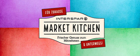 Sujet zur INTERSPAR Market Kitchen mit dem Logo und vier verschiedenfarbigen Kacheln