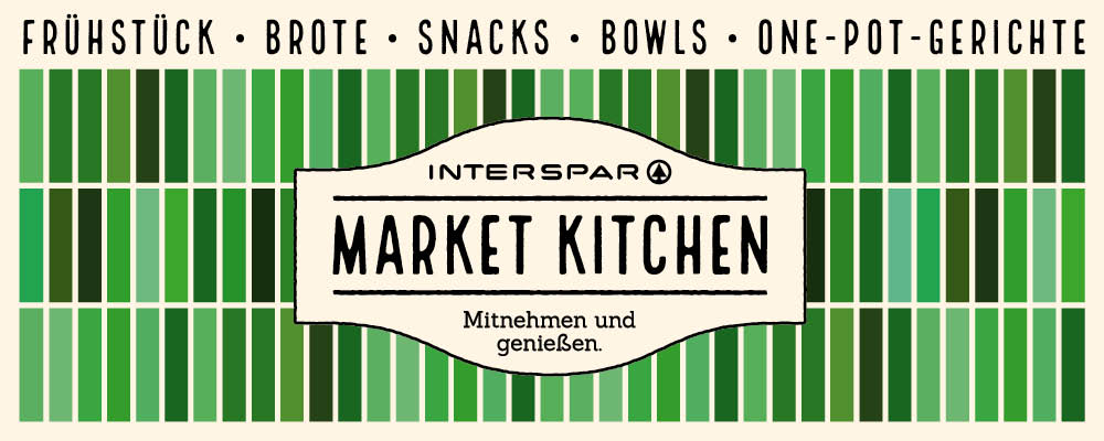 Sujet zur INTERSPAR Market Kitchen mit dem Logo und einem Fliesenmuster in verschiedenen Grüntönen