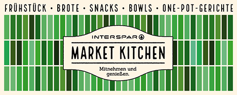 Sujet zur INTERSPAR Market Kitchen mit dem Logo und einem Fliesenmuster in verschiedenen Grüntönen