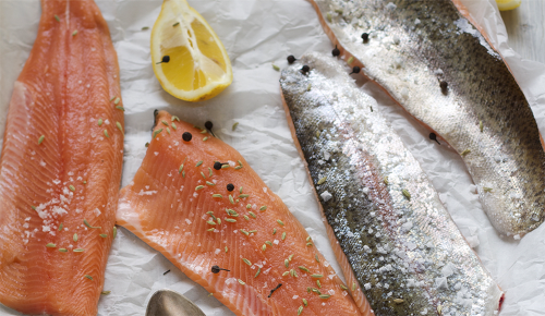 Mehrere, verschieden vorbereitete, Stücke von Fischen