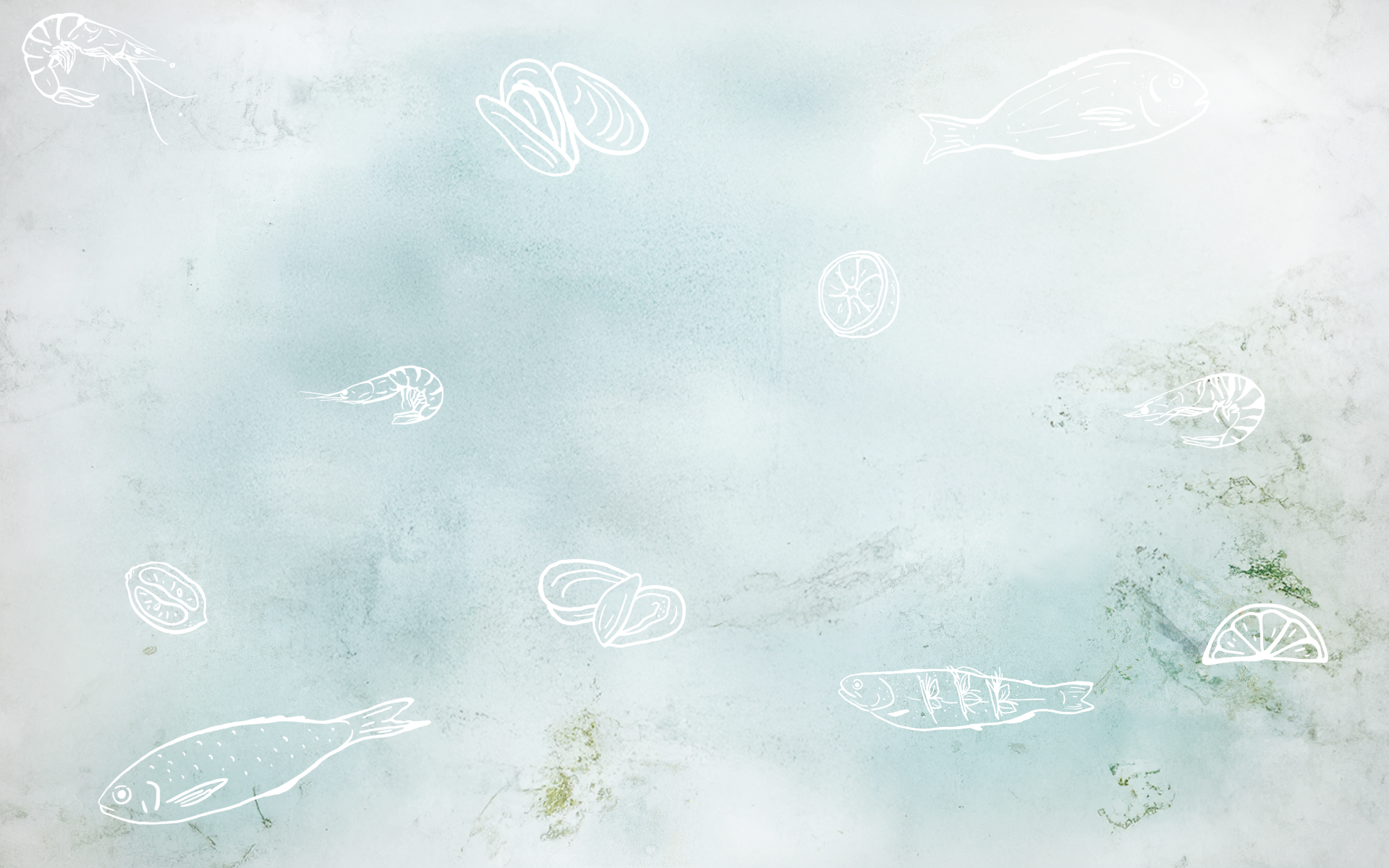 Hellblauer Hintergrund mit mehreren verschieden weißen Fisch- und Meeresfrüchte-Icons
