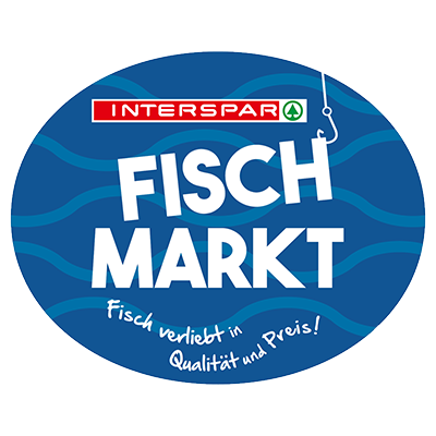 Logo des INTERSPAR Fischmarkt mit der Aufschrift: Fisch verliebt in Qualität und Preis!