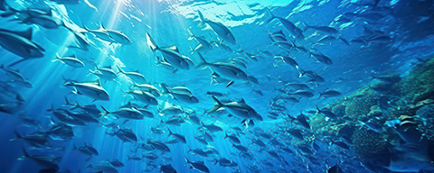 Viele Fische schwimmen in einem Schwarm im Meer