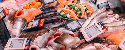 Blick in die INTERSPAR-Fischtheke mit vielen verschiedenen frischen Fischen