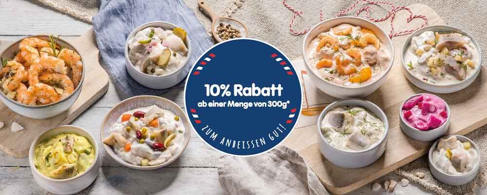 Sujet zum Heringsschmaus mit einem runden Aufkleber und der Aufschrift: "10% Rabatt ab einer Menge von 300g"