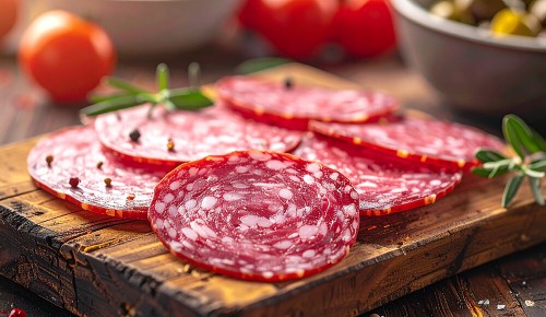 Mehrere Scheiben Salami garniert mit Pfefferkörnern auf einem Holzbrettchen
