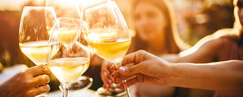 Mehrere Personen, die auf der Sommerterrasse eines Cafés mit Weingläsern anstoßen 