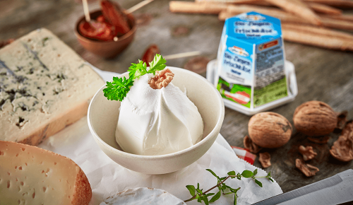 Ein runder Ziegenkäse in einem kleinen Schälchen