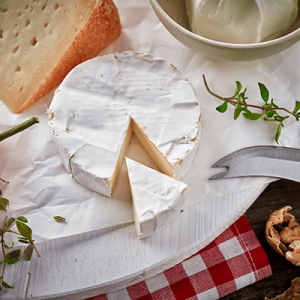 Ein runder Weichkäse auf einem weißen Papier neben einem Weichkäsemesser