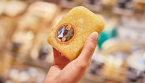 Eine Person hält einen in Plastik verpackten Graukäse in der Hand