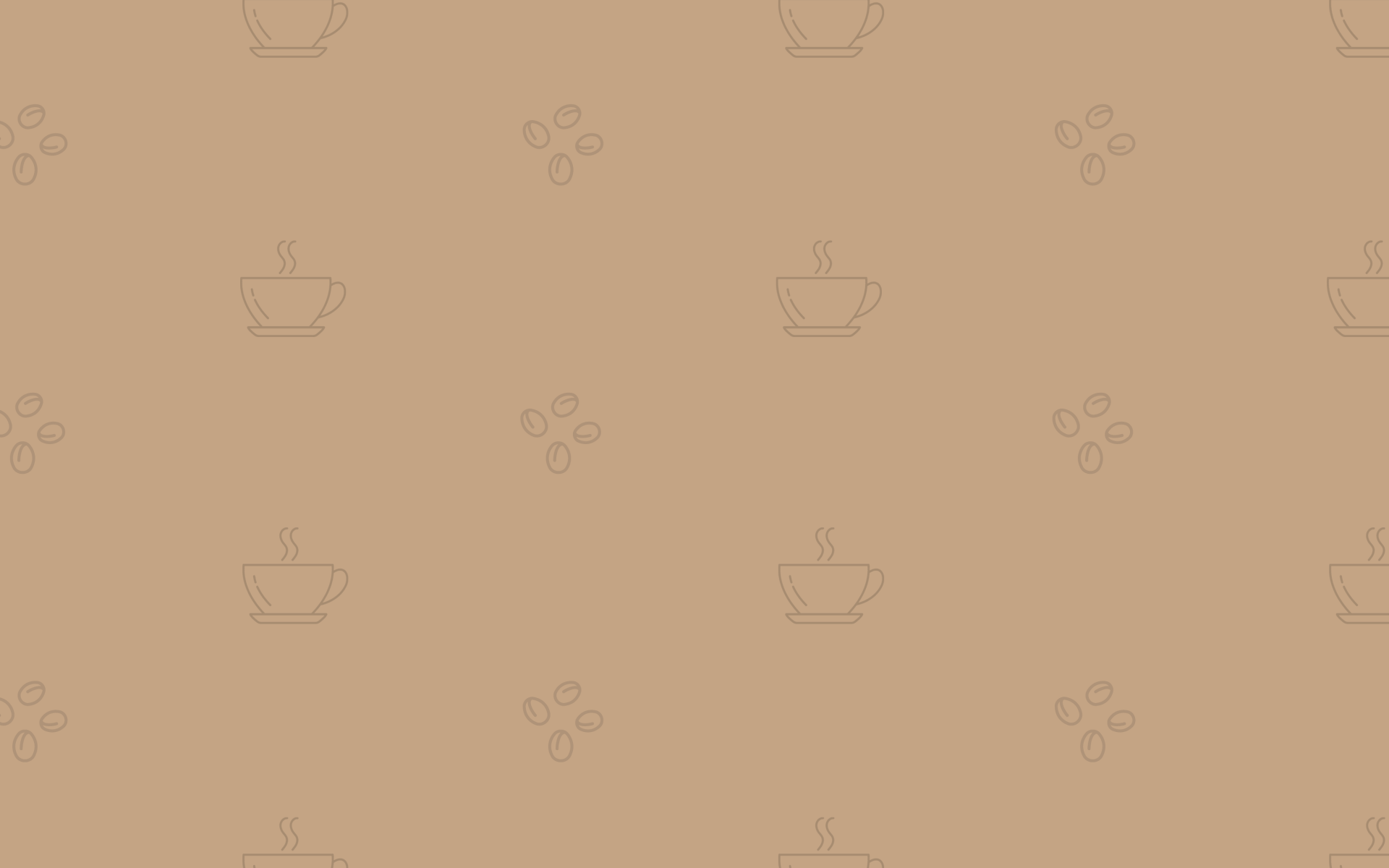 Viele kleine Kaffeetassen- und Kaffebohnen-Icons auf einem hellbraunen Hintergrund