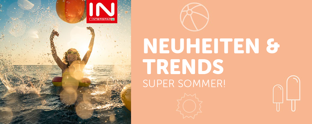 Banner mit der Aufschrift "Neuheiten & Trends" und "Super Sommer!" sowie ein Bild von einer jungen Frau beim Ballspielen im Wasser