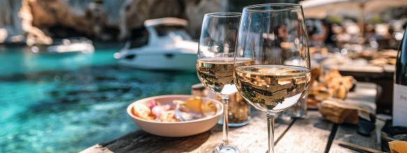Zwei Gläser Weißwein vor einer italienischen Küste im Sonnenschein