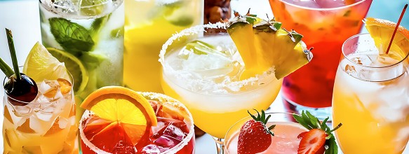 Verschiedene Cocktails und Longdrinks mit Früchten und Beeren garniert