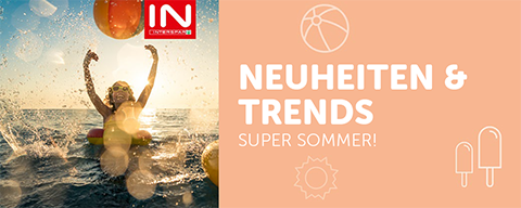 Banner mit der Aufschrift "Neuheiten & Trends" und "Super Sommer!" sowie ein Bild von einer jungen Frau beim Ballspielen im Wasser
