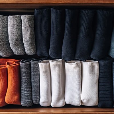 Mehrere, der Farben nach sortierte, Socken in einer Schublade