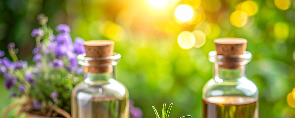 Naturkosmetik in Glasfläschchen vor einem sonnigen, grünen Hintergrund.