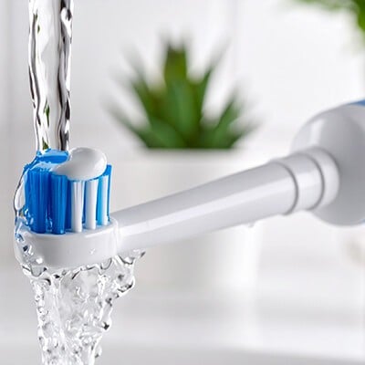 Zahnbürste mit Zahnpasta im Wasserstrahl.
