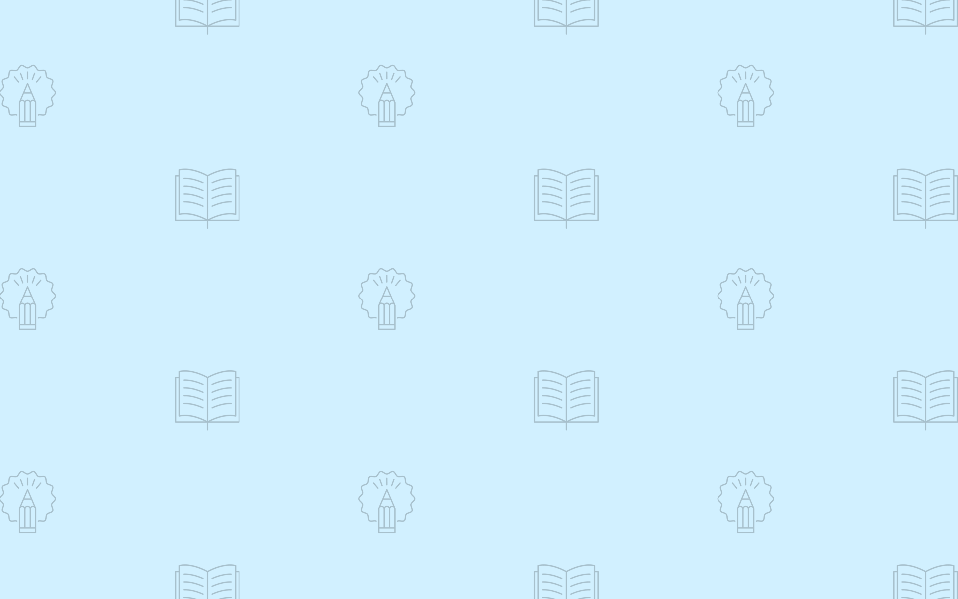 Viele kleine Stift- und Buch-Icons auf einem hellblauen Hintergrund