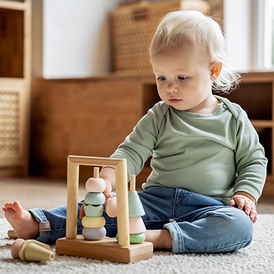 Ein kleiner blinder Junge spielt mit Holzspielsachen auf einem Teppich