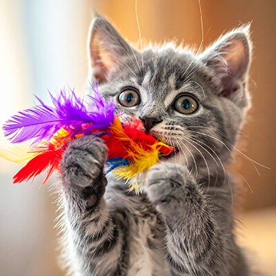 Eine kleine graue Katze beim Spielen mit bunten Federn