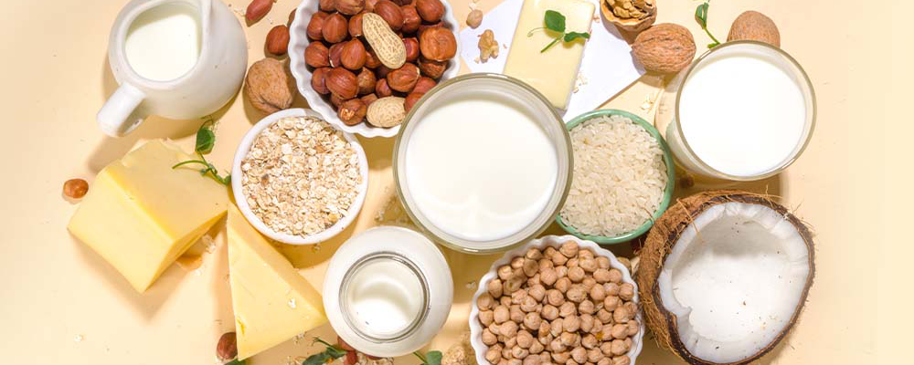 Viele verschiedene vegane Alternativen zu Milch, Butter & Co. auf einem Tisch aufgelegt