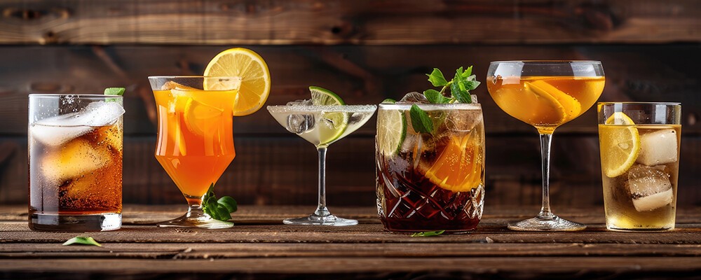 Mehrere verschiedene bunte Cocktails auf einem Bartresen
