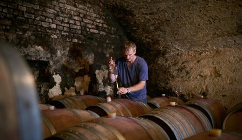 Paul Achs beim Pipettieren von Rotwein auf einem Weinfass