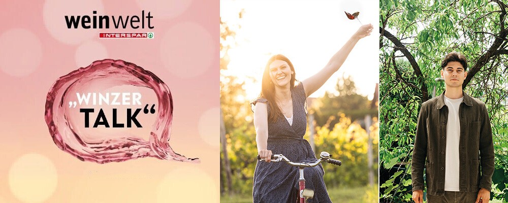 Das Logo des weinwelt-Winzertalks mit Fotos von Verena Langmann und Clemens Krutzler