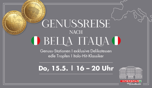 Genussreise Sujet mit der Aufschrift Genussreise nach Bella Italia am 15.5. von 16 bis 20 Uhr