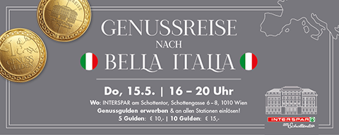 Genussreise Sujet mit der Aufschrift Genussreise nach Bella Italia am 15.5. von 16 bis 20 Uhr