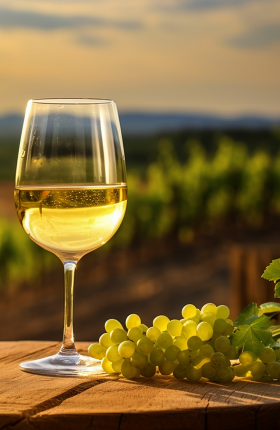 Ein Glas Weißwein und ein Strauch Weintrauben auf einem Fass