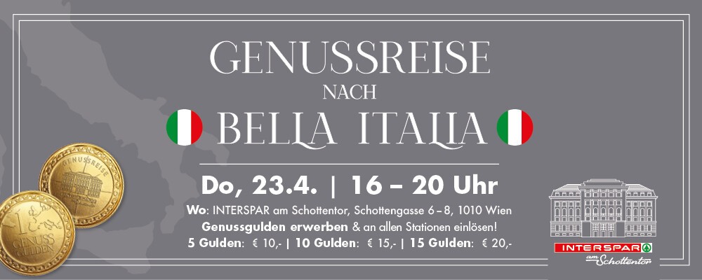 Genussreise Sujet mit der Aufschrift Genussreise "Italien" am 23.4. von 16 bis 20 Uhr