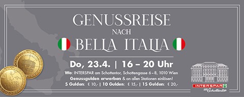 Genussreise Sujet mit der Aufschrift Genussreise "Italien" am 23.4. von 16 bis 20 Uhr