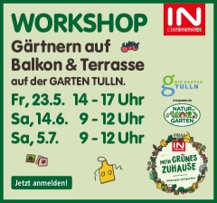 Workshop: Gärtnern auf Balkon & Terrasse auf der Garten Tulln. Fr, 23.5. von 14-17 Uhr, Sa, 14.6. von 9-12 Uhr und Sa, 5.7. von 9-12 Uhr. Jetzt anmelden!
