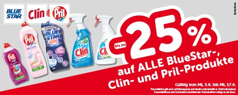 Bis zu -25% auf ALLE BlueStar-, Clin- und Pril-Produkte. Gültig von Mi, 3.6. bis Mi, 17.6. 